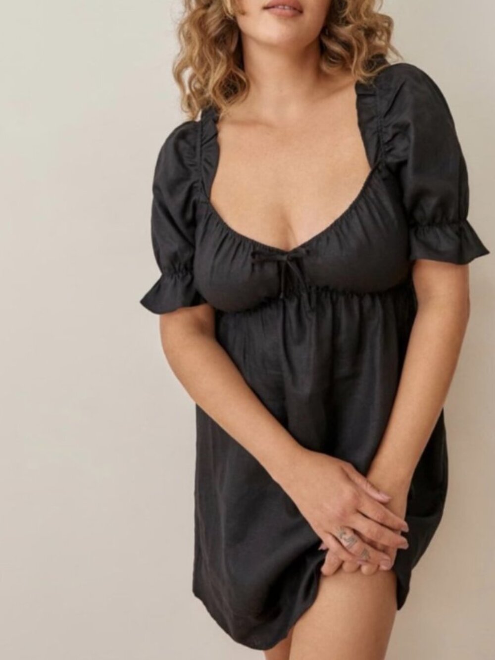 Reformation Channa 100% Linen Puff Sleeve Babydoll Mini Dress Black Size Large